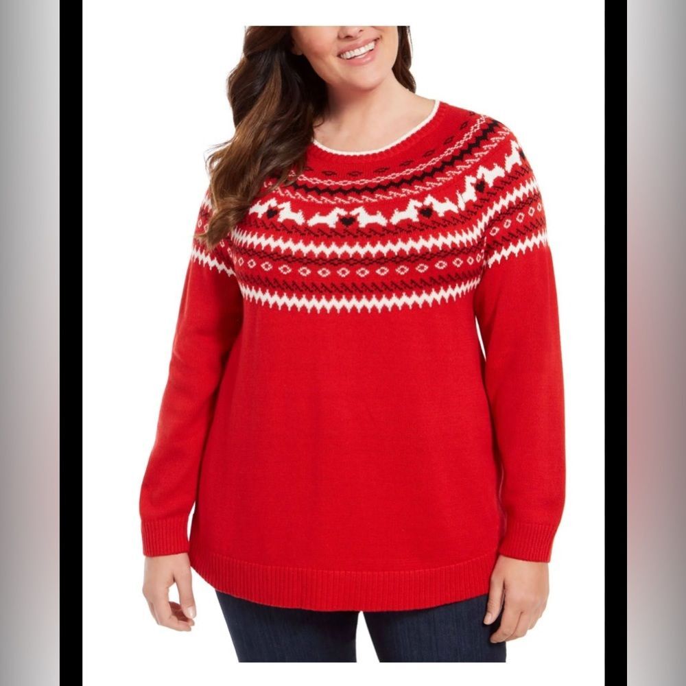 Charter Club Fair Isle Scottie Dog Sweater Red Crew Neck Womens Large